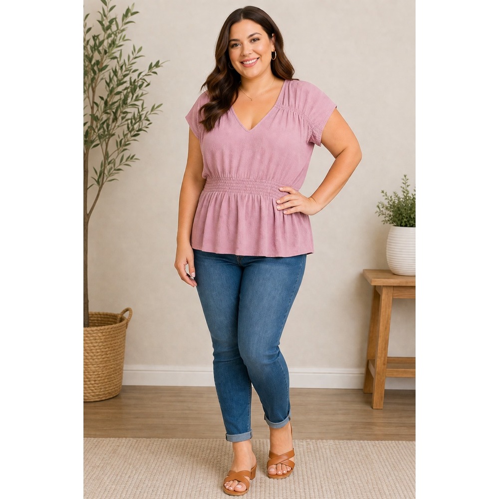 Old Navy Women 3X Mauve Pink‎ Smocked Peplum Gauze Top V-Neck Cap Sleeve Plus